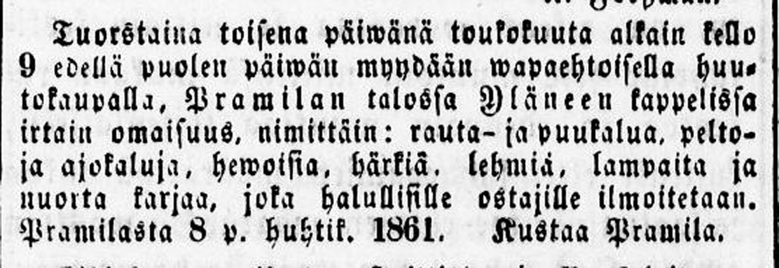 1. Kustaa Pramilan huutokauppa ilm korj suur